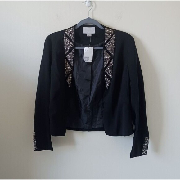 H&M Jackets & Blazers - H & M Blazer Jacket Fitted Beaded Party Open Front Long Sleeve Black Size 12